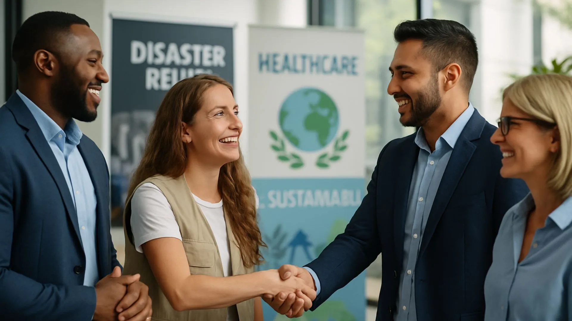 Four professionals stand together, smiling; a woman and a man in the center shake hands while two colleagues look on. Behind them are banners reading ‘Disaster Relief’ and ‘Healthcare’ with a globe icon.